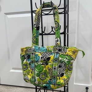Excellent Medium Vera Bradley Floral Quilted Tote Bag - Green, Yellow, and Blue